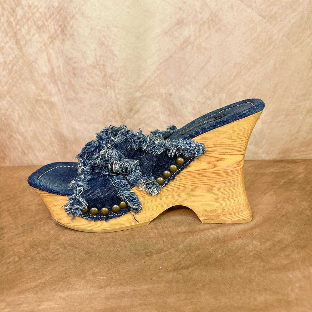 Vintage Y2K Splash Denim Fringe Wedge Platform Sandals High Heels 90s Studded - Picture 6 of 11